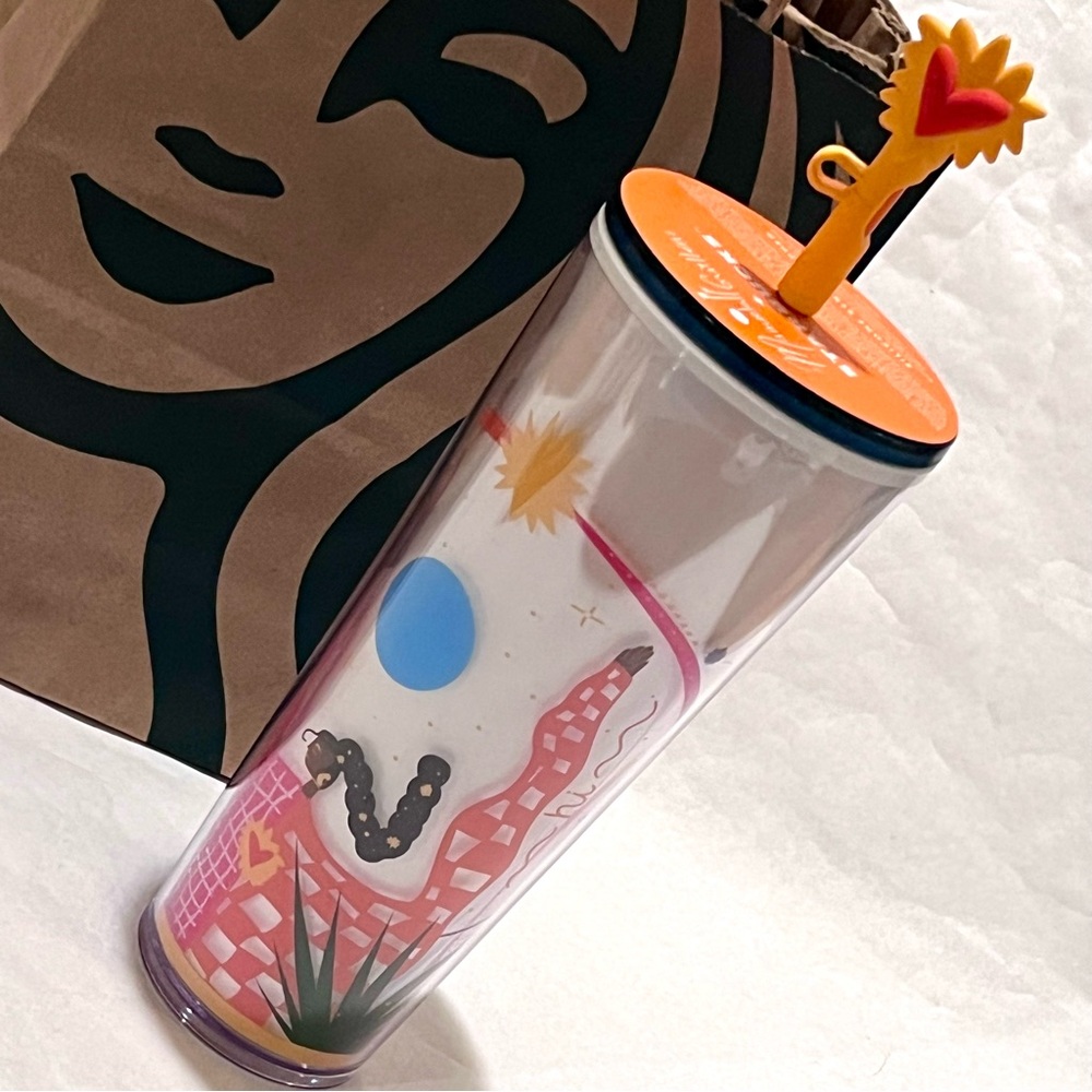 Starbucks Manuela Guillén Cold Cup with Silicone Heart Straw Topper 24oz